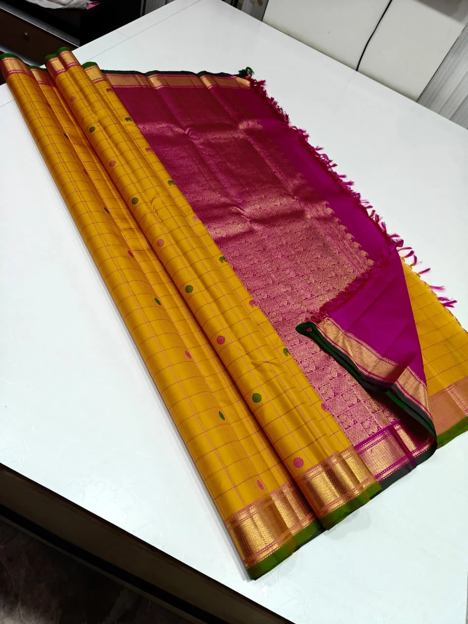 Mustard Yellow Checks Kanjivaram Silk Saree with Fuchsia Pink Border